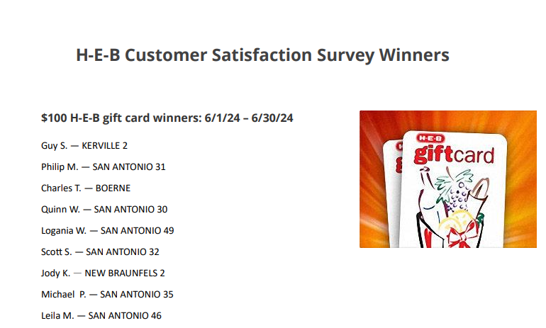 H-E-B Customer Satisfaction Survey Winners
